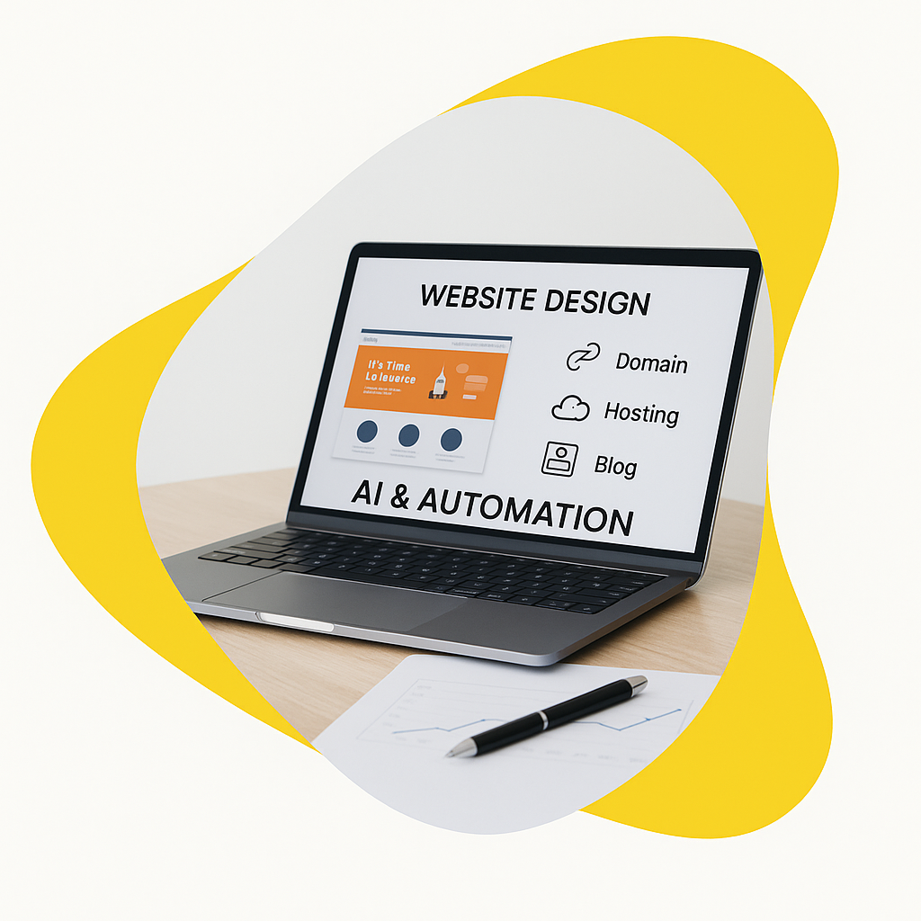 Modern laptop displaying website design and automation tools dashboard with icons for domain, hosting, and blog services; ideal visual for small business digital marketing and AI workflow solutions.