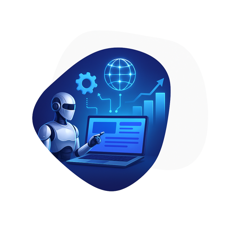 Futuristic digital illustration of a humanoid robot interacting with a laptop, surrounded by automation icons like gears, charts, and global network graphics—representing AI-powered website automation for modern businesses.