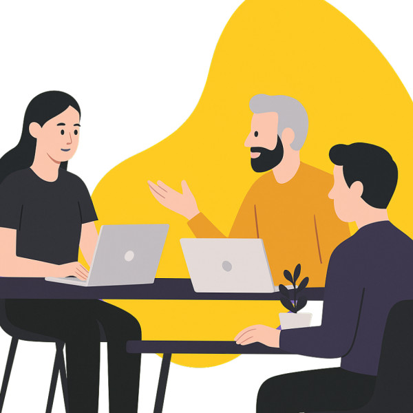 Flat digital illustration of three professionals collaborating with laptops in a modern workspace, representing automation and tech-driven business solutions.
