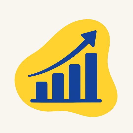 Flat vector illustration of a rising bar chart with upward arrow, set against a yellow abstract shape—symbolizing scalable growth and business automation solutions for small businesses.