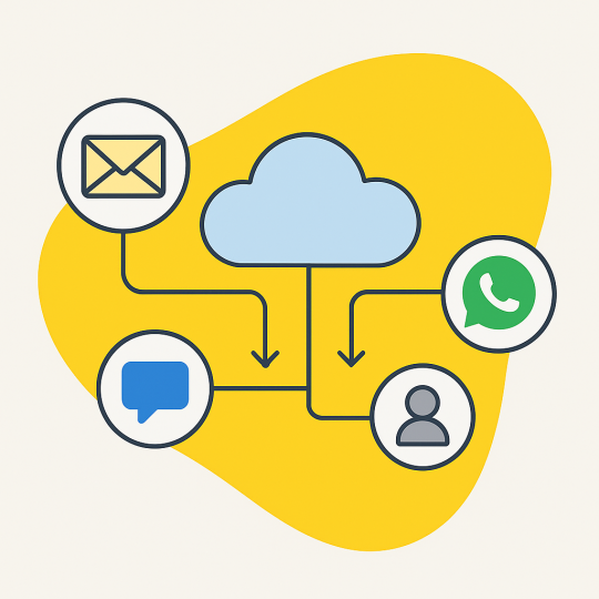 Flat vector illustration of multi-channel integration showing cloud connectivity with icons for email, WhatsApp, SMS, CRM, and user forms—representing seamless digital communication for small business automation.