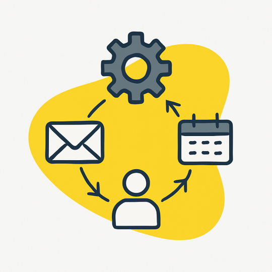 Flat illustration of workflow automation icons including gear, calendar, email, and user, connected by arrows inside a yellow abstract shape—symbolizing automated lead management and task scheduling for small businesses.