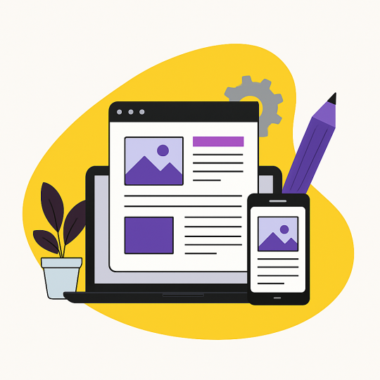 Illustration of responsive web design with laptop, smartphone, and website wireframes surrounded by abstract yellow shape—representing smart design and automation for small business websites.